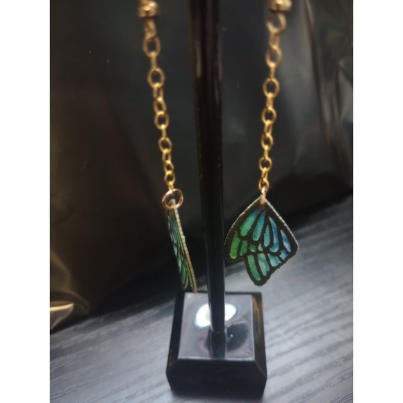Handmade Jewelry - Butterfly Wing Dangle Earrings Gold Tone Chain Lightweight Fabric Cutout Boho